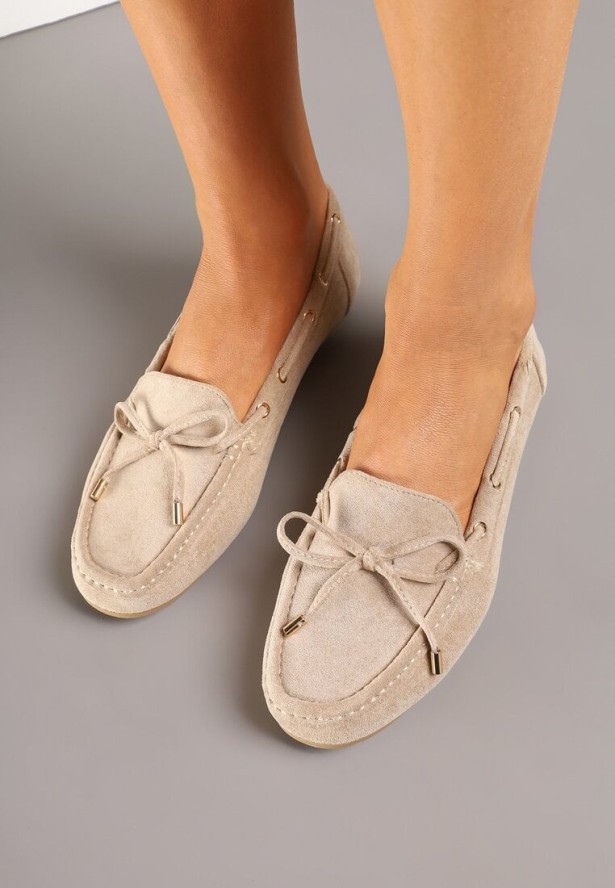 Ciemnobeżowe Mokasyny z Imitacji Zamszu z Wiązaną Kokardą Sonarilia