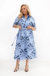 Sukienka koszulowa Iris w paski z granatowymi kwiatami | 100% bawełna | PLUS SIZE OVERSIZE LATO