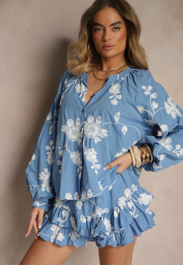 Niebieski Komplet z Bawełny Spódnico-Spodenki i Koszula z Szerokimi Rękawami Savalene