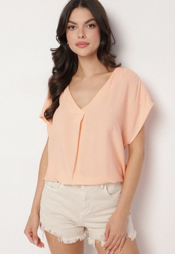 Pomarańczowa Wiskozowa Bluzka z Dekoltem w Serek Tilondia