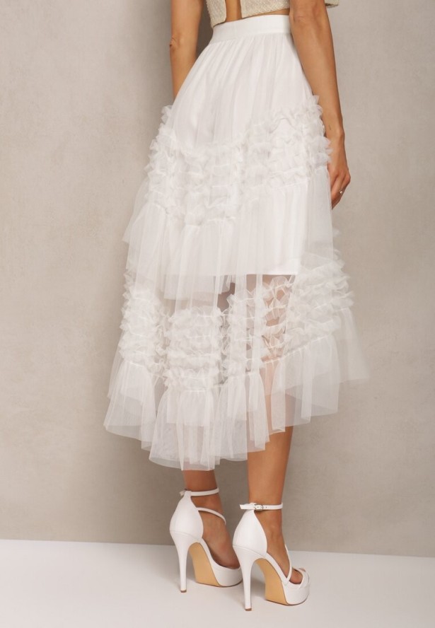 Biała Spódnica Rozkloszowana z Falbankami i Siateczką Solowai