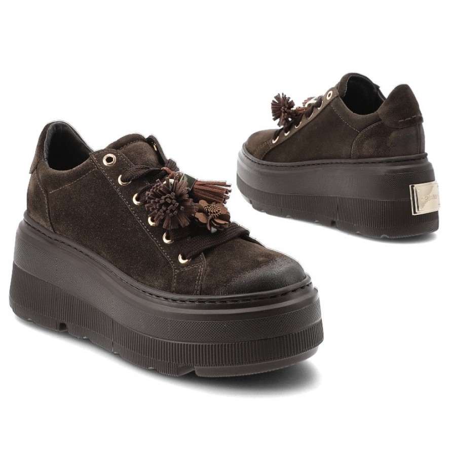 Sneakersy damskie Chebello, ze skóry naturalnej z cholewką o zamszowym wykończeniu i ozdobnymi frędzlami przy sznurowaniu, brązowe, 5002_-268-000-PSK