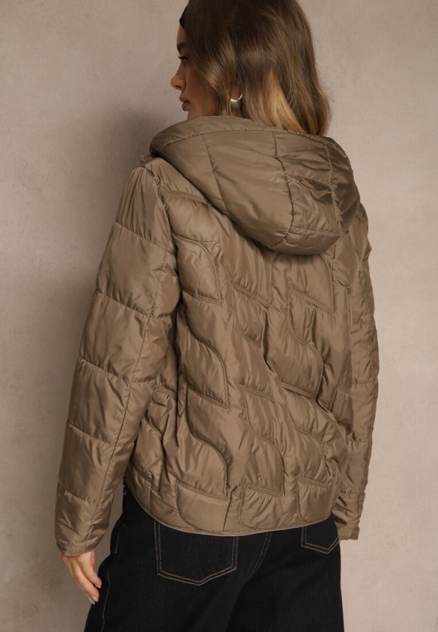 Brązowa Kurtka Przejściowa z Kapturem w Oryginalne Pikowane Przeszycia Arivitta