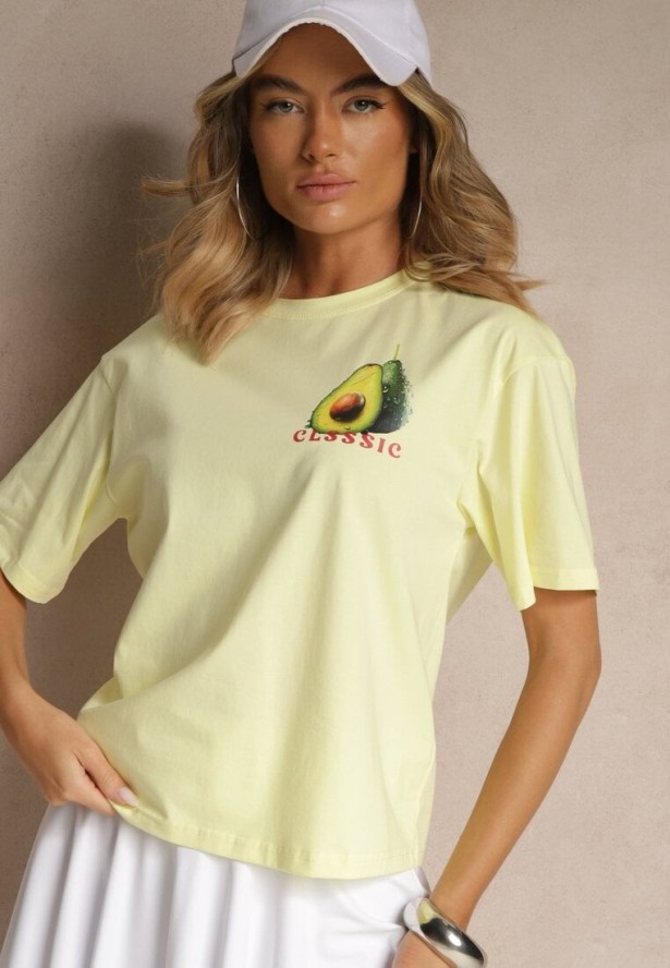 Żółty T-shirt z Bawełną ze Wzorem Awokado Tilannia