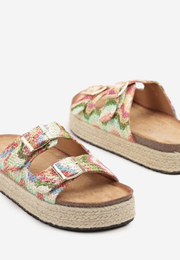 Beżowo-Różowe Klapki na Grubej Plecionej Podeszwie Ozdobione Klamrami Jalineas