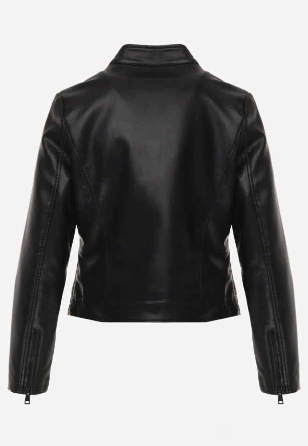 Czarna Klasyczna Kurtka Ramoneska o Dopasowanym Kroju ze Stójką Leamariel