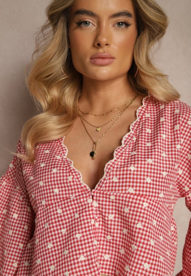 Czerwona Koszula z Lekkimi Bufkami i Haftami z Dodatkiem Bawełny w Kratę Alitea