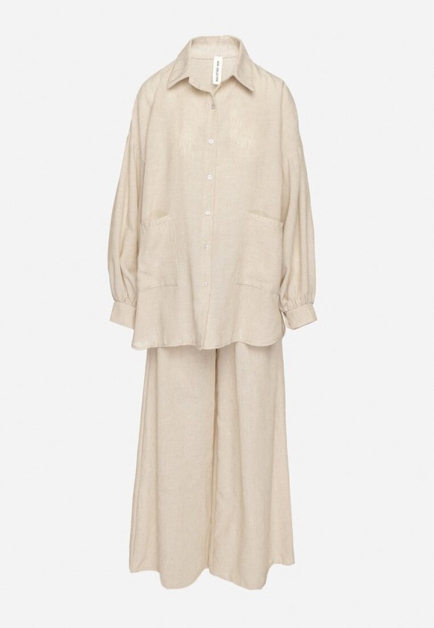 Beżowy Komplet Szerokie Spodnie i Koszula z Bufiastymi Rękawami Stellise