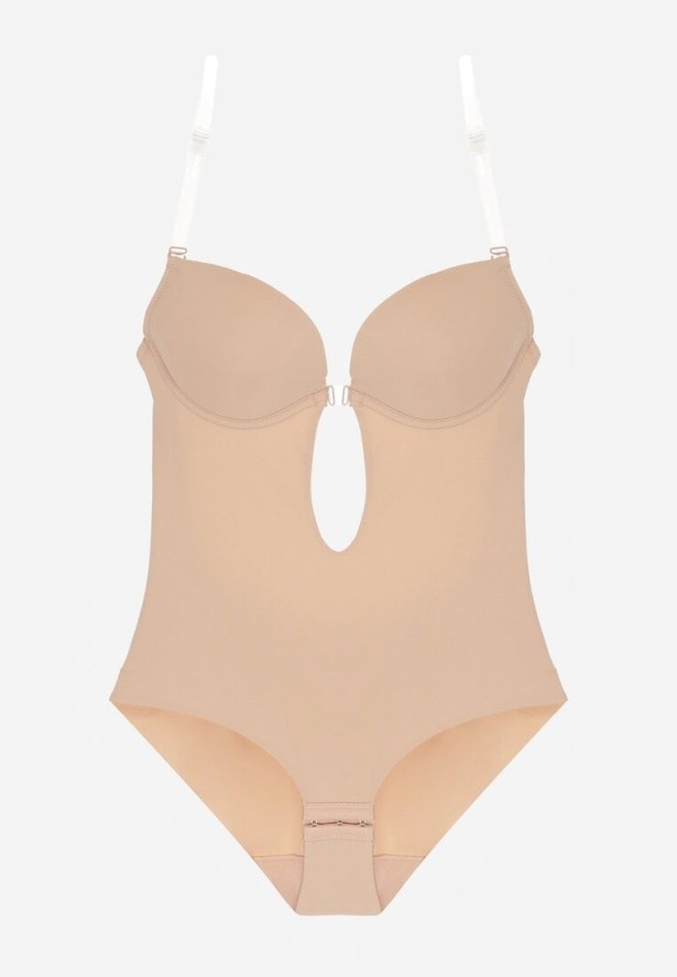 Beżowe Bieliźniane Body z Odkrytymi Plecami i Wyciętym Dekoltem Terise