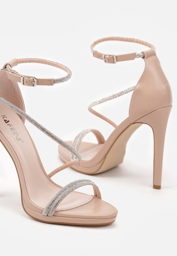 Beżowe Szpilki Sandały z Paskami z Cyrkoniami Ninethea