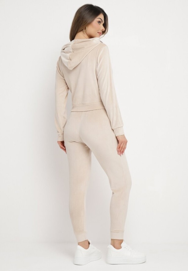 Beżowy Welurowy Komplet Dresowy Bluza z Kapturem i Spodnie Petyra