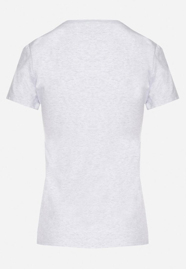 Jasnoszary Bawełniany T-shirt Ozdobiony Napisem i Cyrkoniami Isnorea