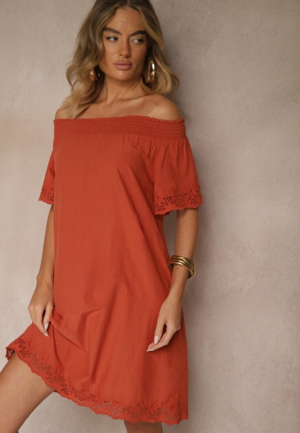 Pomarańczowa Sukienka o Kroju Hiszpanki z Bawełny z Ażurowymi Zdobieniami Filviana