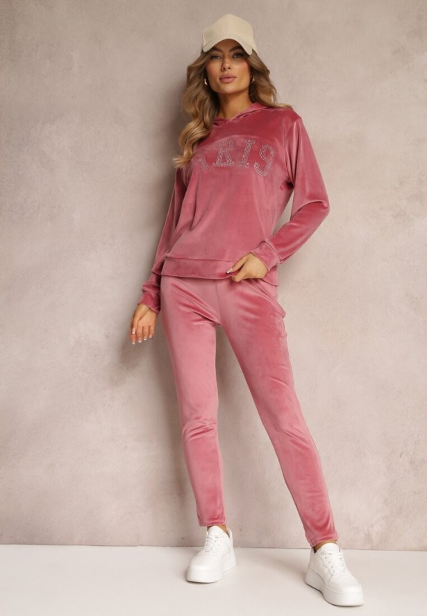 Ciemnoróżowy 2-częściowy Welurowy Komplet Dresowy z Bluzą i Spodniami Yamiya