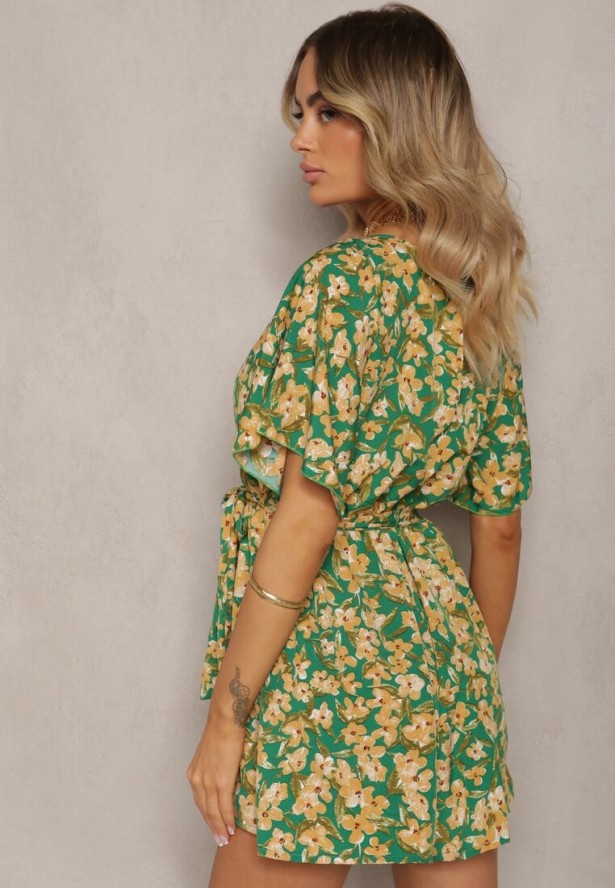 Zielono-Żółty Kombinezon w Kwiaty z Krótkim Rękawem z Gumką w Talii i Paskiem Biacelia