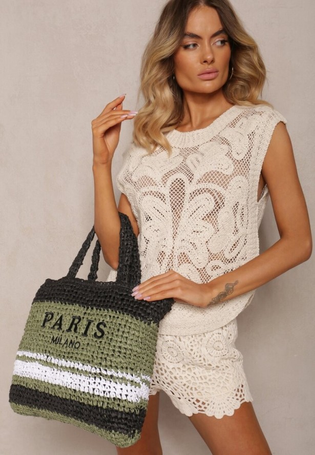 Zielono-Czarna Pleciona Torebka w Stylu Boho Ozdobiona Napisem Oegelia