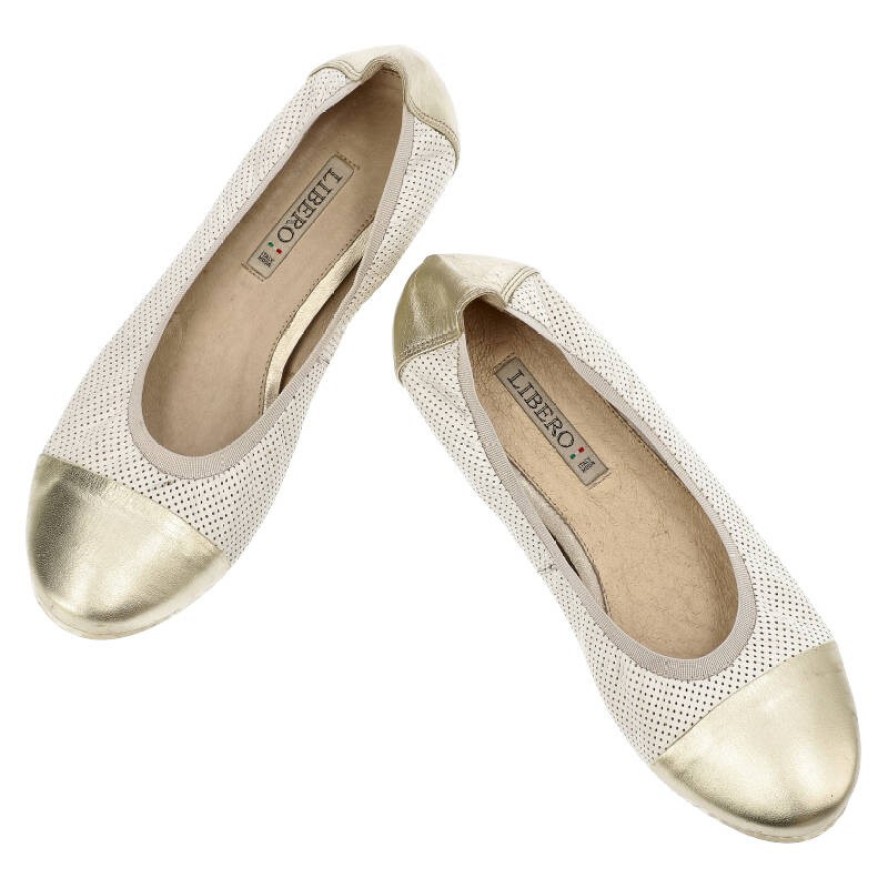 Baleriny damskie Libero, skóra naturalna ze złotym noskiem i płaska podeszwą, biało-złote, 5095