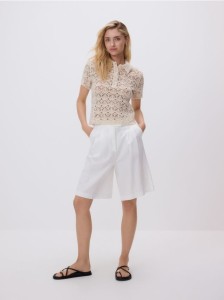 Ażurowa koszulka polo - beżowy