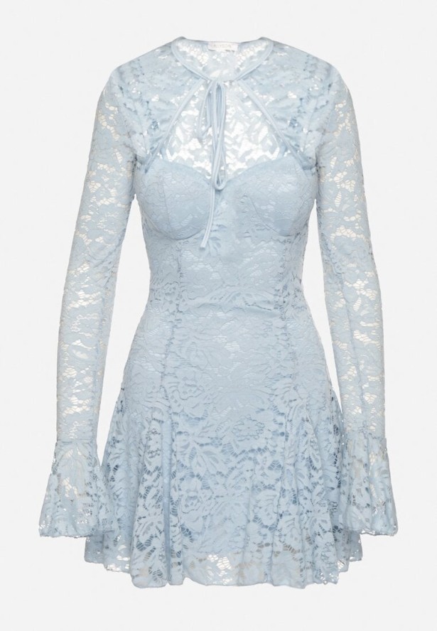 Niebieska Rozkloszowane Sukienka Koktajlowa z Koronką i Bolerkiem Eyrfedi
