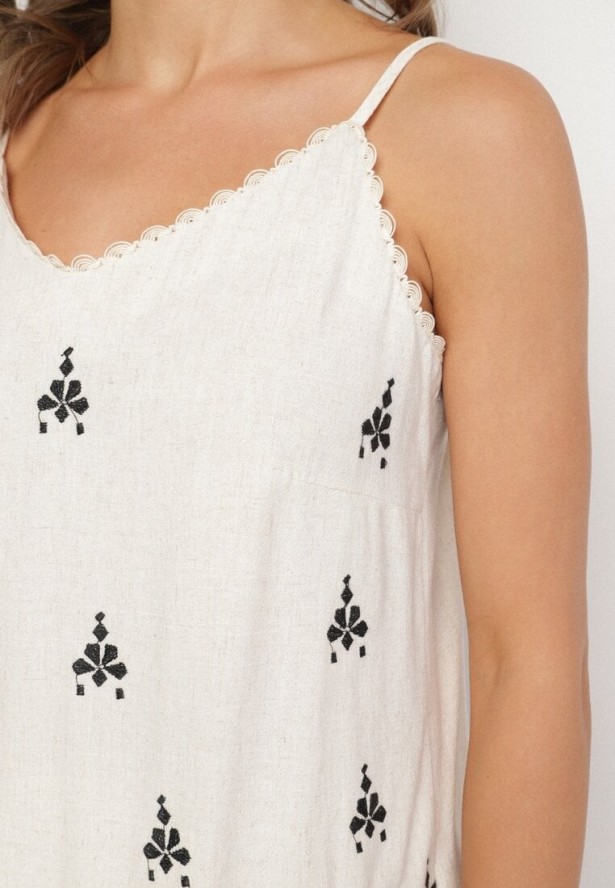 Czarny Top z Lnem i Wiskozą z Haftem w Stylu Boho Ronira