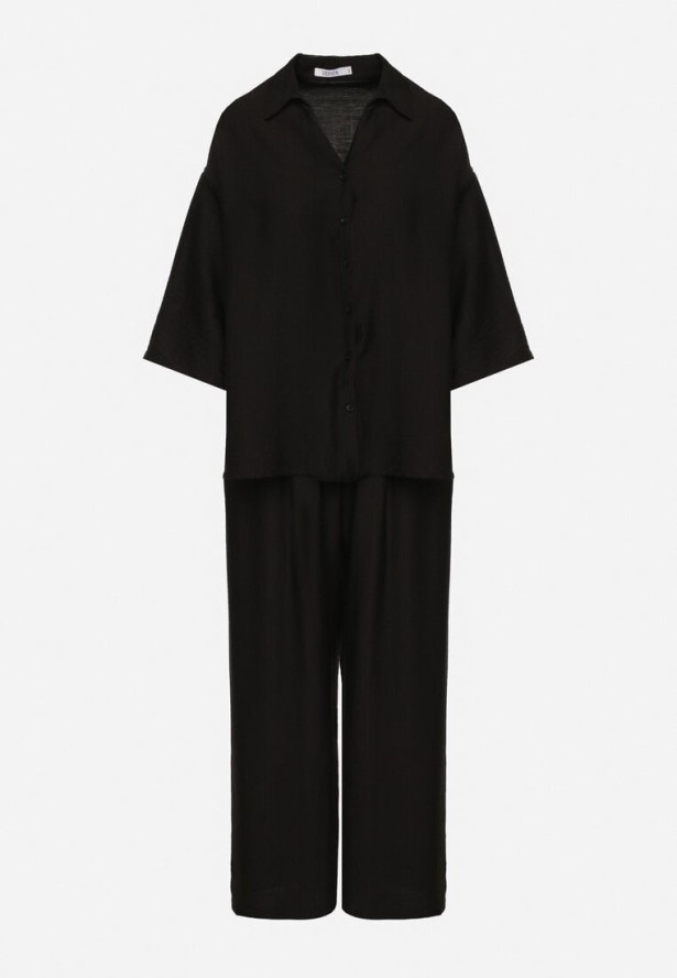 Czarny Komplet z Wiskozy Koszula z Podpinanymi Rękawami i Szerokie Spodnie Dormoi