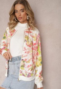 Biała Kurtka Bomberka w Kwiaty ze Ściągaczami Lirissa