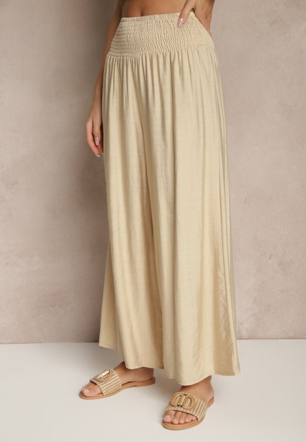 Beżowe Spodnie z Wiskozą o Szerokim Kroju High Waist Orrana