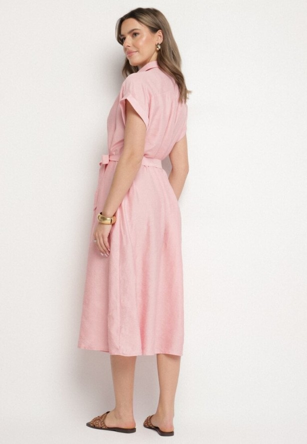 Różowa Wiskozowa Sukienka Koszulowa z Paskiem Rinaruna