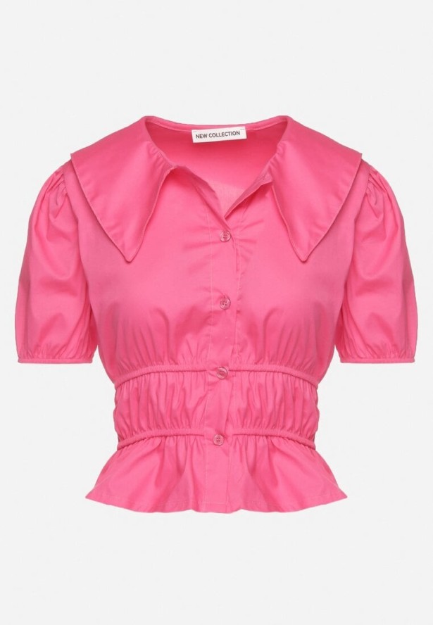 Fuksjowa Bawełniana Koszula z Bufiastymi Rękawami i Ozdobnymi Marszczeniami Efrinda