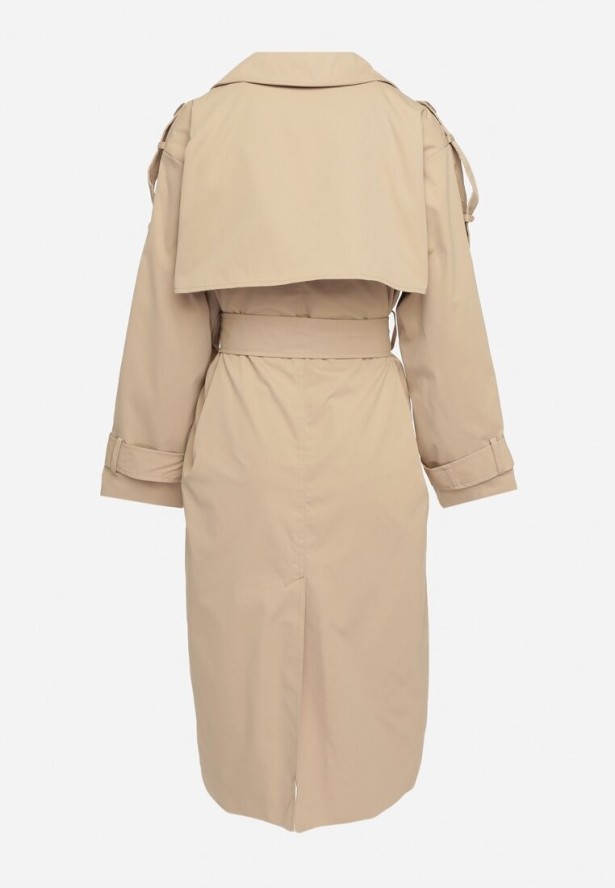 Ciemnobeżowy Dwurzędowy Płaszcz Trencz z Wiązanym Paskiem Rozcięciem i Klapą Terezi