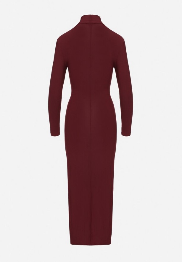 Bordowa Wieczorowa Sukienka z Półgolfem i Marszczeniami Emelisse