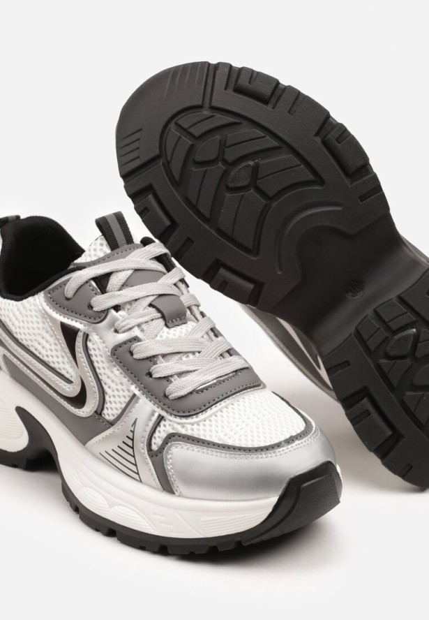 Biało-Srebrne Sneakersy na Profilowanej Podeszwie z Siateczkowymi Wstawkami Parinella